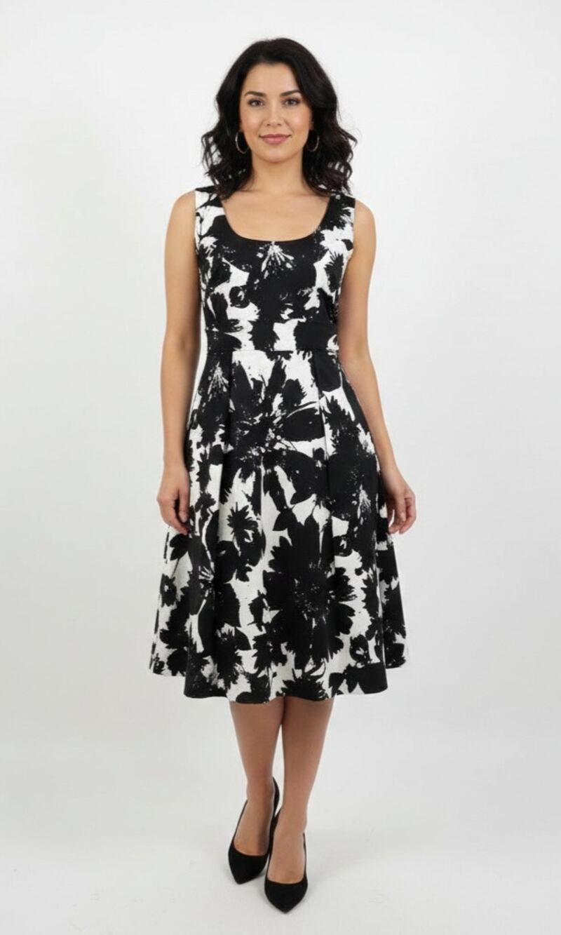 Ann Taylor Black White Floral Sleeveless Pockets Pleated A-Line Dress, Size 2